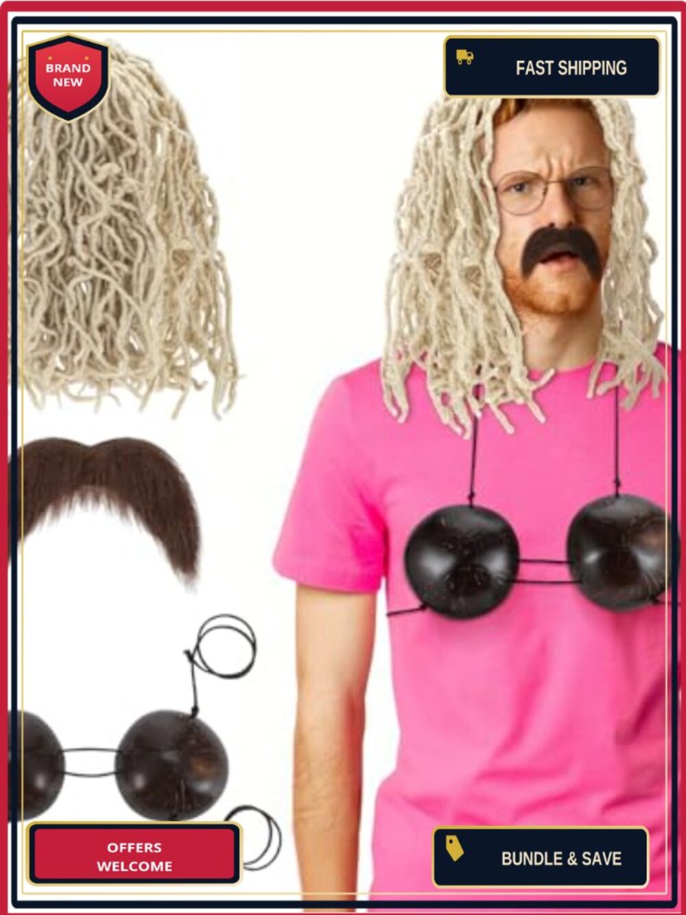3 Pc Halloween Costume Accessories Set Mop Wig Coconut Bra Mustache